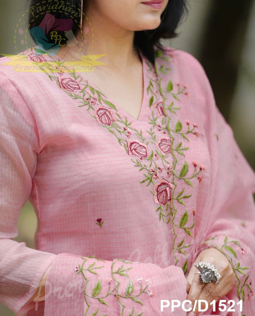 Embroidery details pink Kota Doria Suit Sets