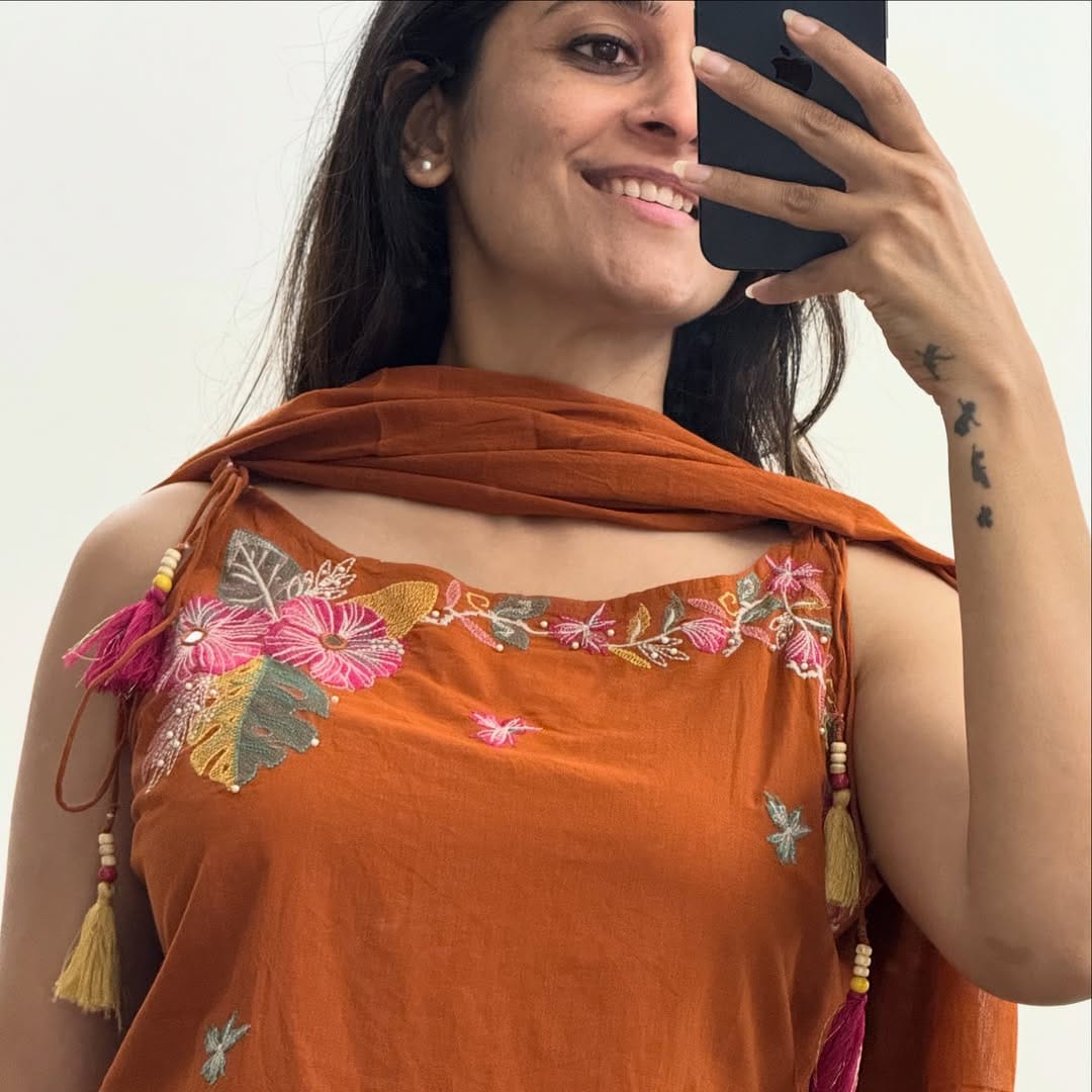 Machine and pearl embroidered kurta palazzo set