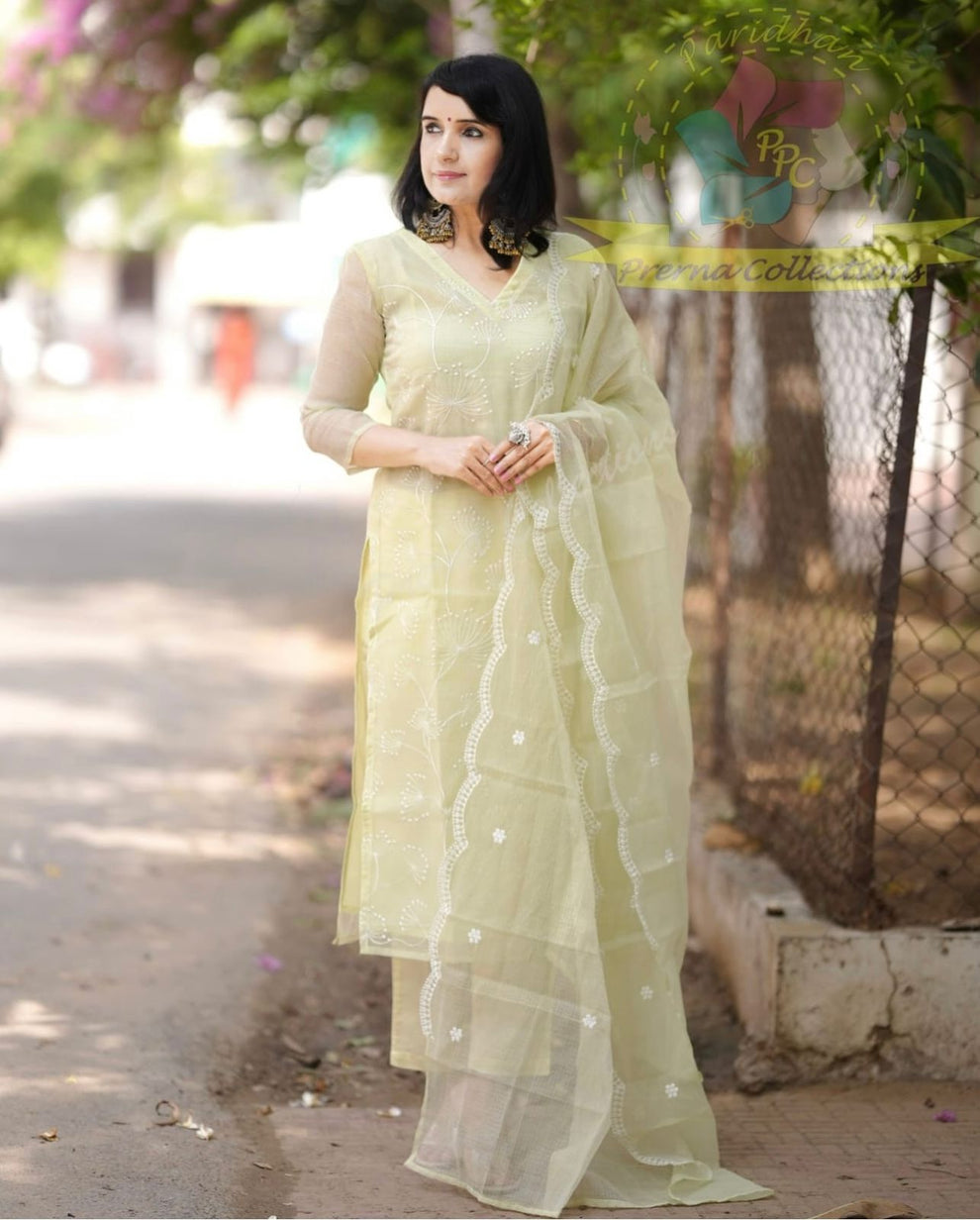 Light Lemon Green Embroidered Kota Doriya Kurta With Cotton Pant & Kota Doriya Dupatta Set