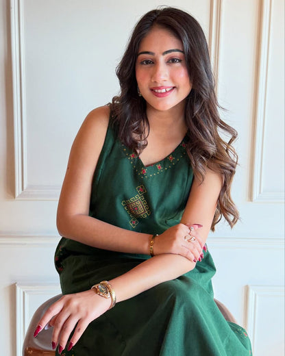 EMBROIDERY WORK A LINE KURTI PANT SET WITH BOTH SIDES POCKETS SET