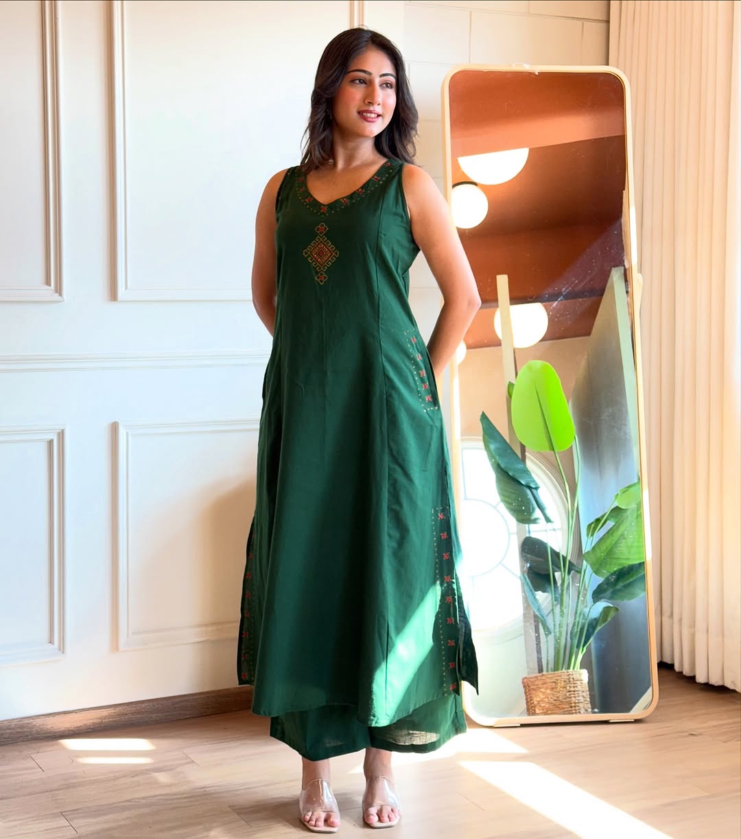 EMBROIDERY WORK A LINE KURTI PANT SET WITH BOTH SIDES POCKETS SET