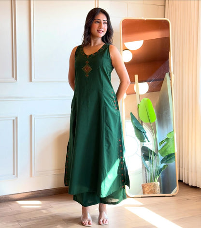 EMBROIDERY WORK A LINE KURTI PANT SET WITH BOTH SIDES POCKETS SET