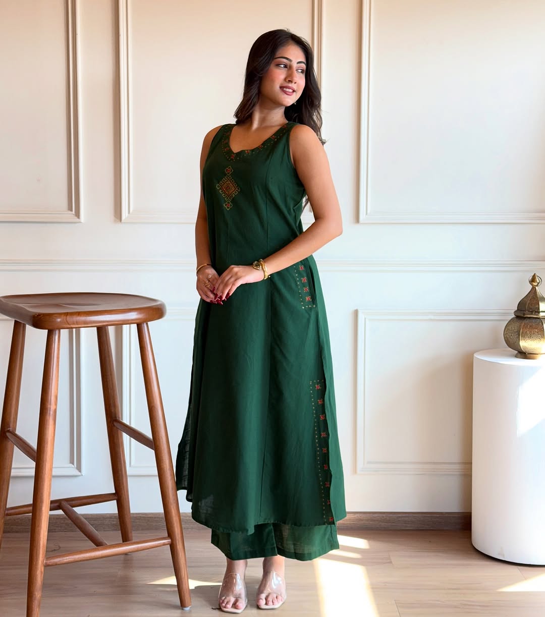 EMBROIDERY WORK A LINE KURTI PANT SET WITH BOTH SIDES POCKETS SET