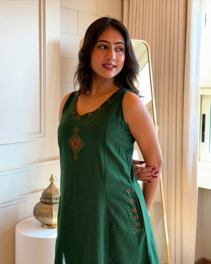 EMBROIDERY WORK A LINE KURTI PANT SET WITH BOTH SIDES POCKETS SET