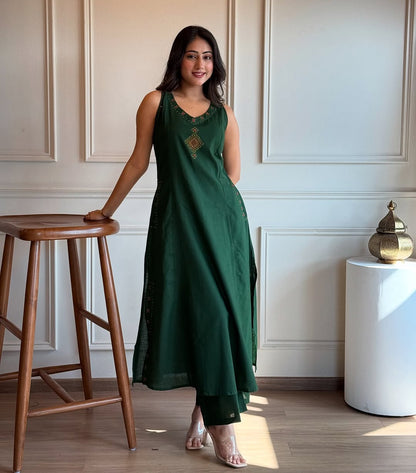 EMBROIDERY WORK A LINE KURTI PANT SET WITH BOTH SIDES POCKETS SET