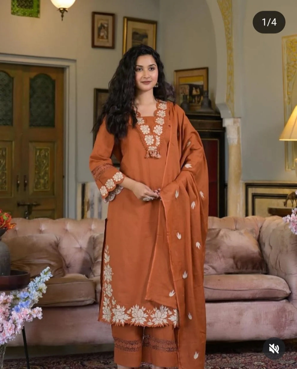 Women Rust Cotton Embroidery GPO Lace Kurta Pant and Dupatta set