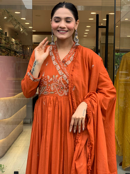 Women Orange Cotton Angrakha Kurta Pant and Dupatta set