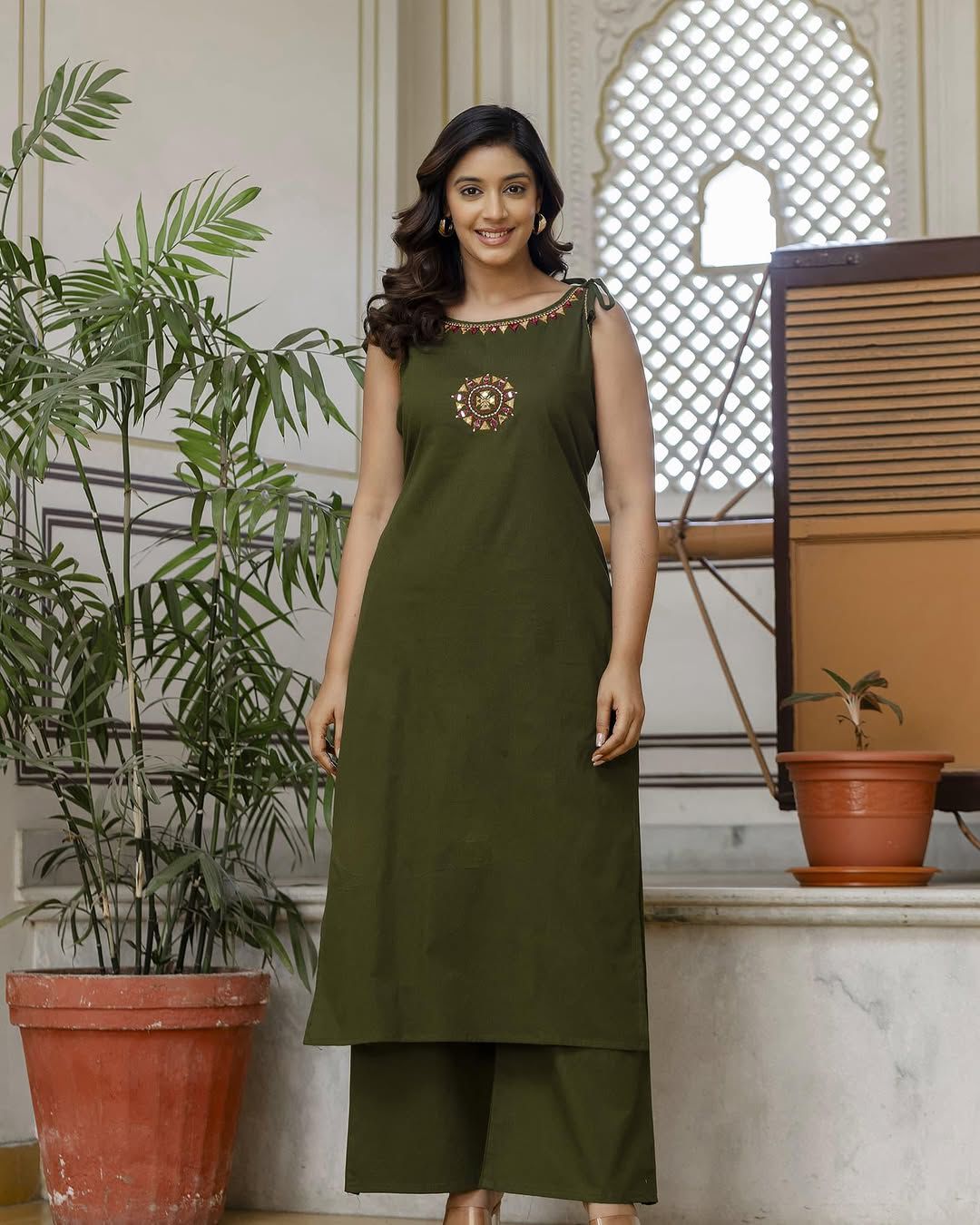 Dori Style Embroidery Work A-Line Kurti Pant Set