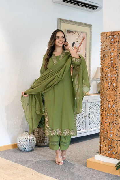 Women Green Cotton Embroidery GPO Lace Kurta Pant and Dupatta set