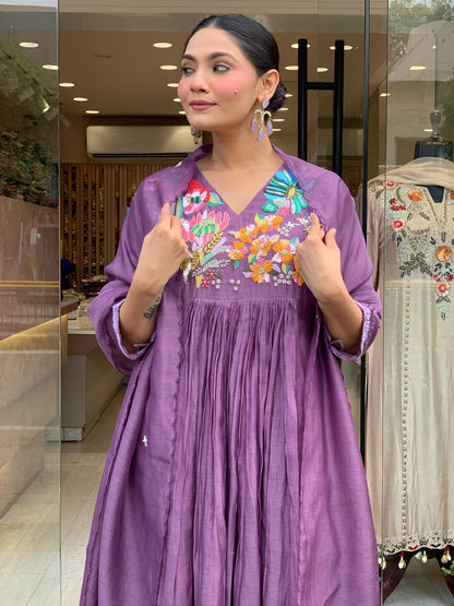 Women Purple Cotton Embroidery Kurta Pant and Dupatta set