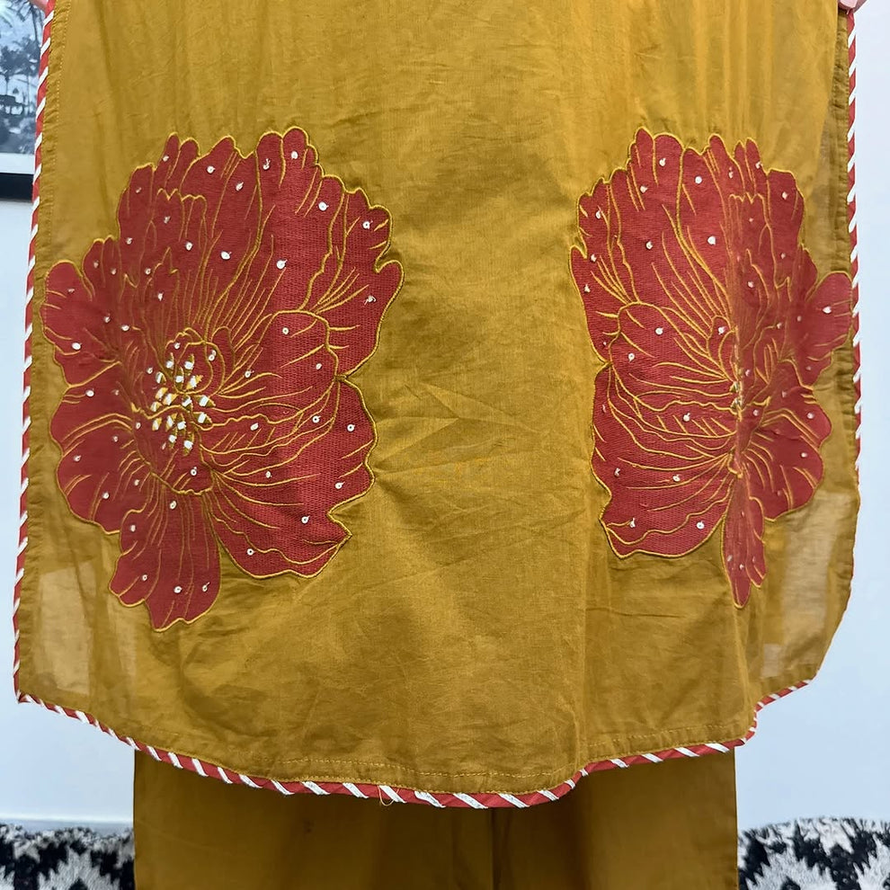 Festive Gulhad Wear Machine sequin embroidered A line kurta with embroidered lace with lace detailed palazzo printed cotton dupatta