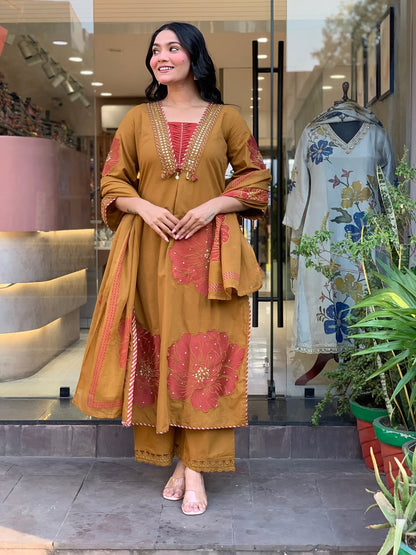 Moksha Embroidered Cotton A-line Plazo & Duppata Set