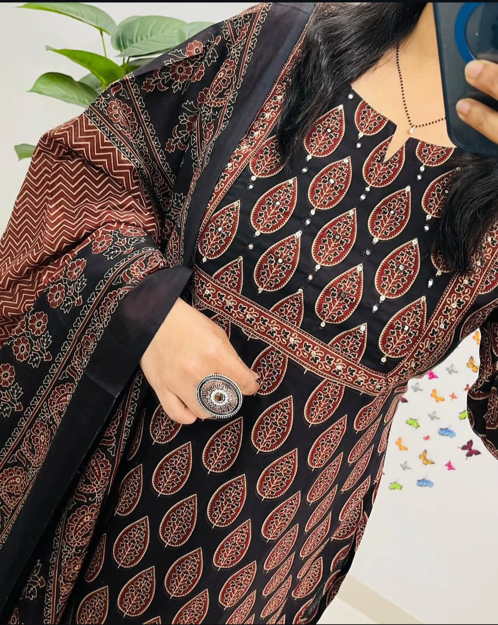 Designer Suit in Mughal/Kalamkari Fusion Azrak bagru print kurti pant dupatta set