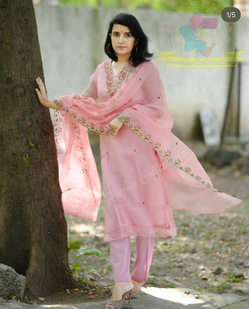 Embroidery details pink Kota Doria Suit Sets