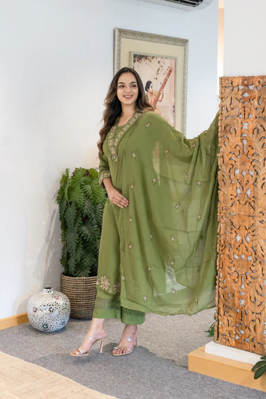 Women Green Cotton Embroidery GPO Lace Kurta Pant and Dupatta set