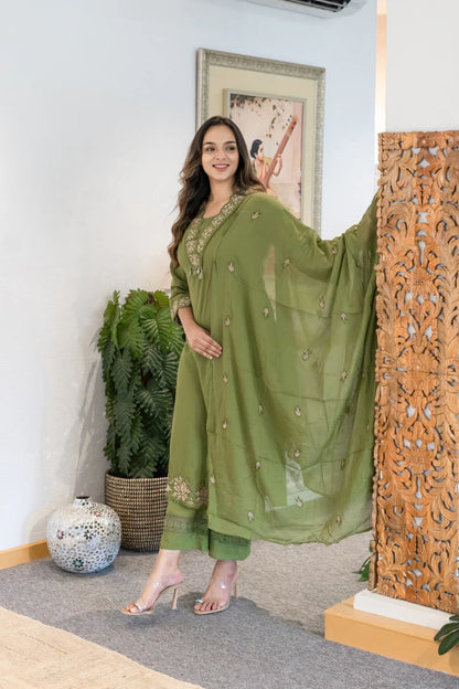 Women Green Cotton Embroidery GPO Lace Kurta Pant and Dupatta set