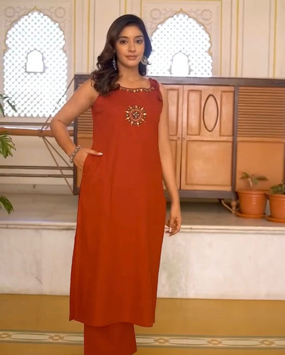 Dori Style Embroidery Work A-Line Kurti Pant Set