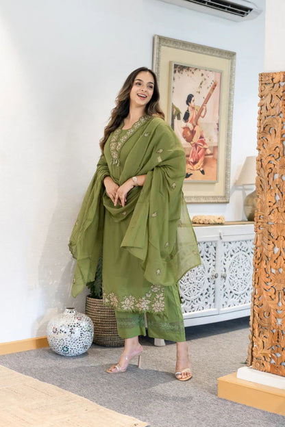 Women Green Cotton Embroidery GPO Lace Kurta Pant and Dupatta set