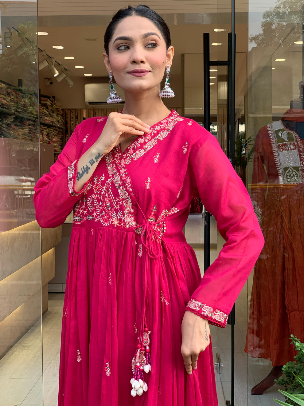 Women Pink Cotton Angrakha Kurta Pant and Dupatta set