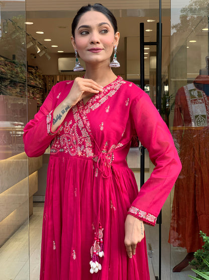 Women Pink Cotton Angrakha Kurta Pant and Dupatta set