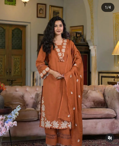 Women Rust Cotton Embroidery GPO Lace Kurta Pant and Dupatta set