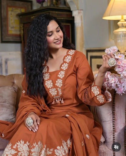 Women Rust Cotton Embroidery GPO Lace Kurta Pant and Dupatta set