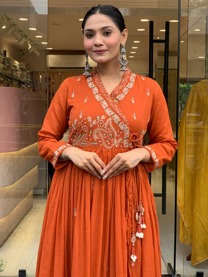 Women Orange Cotton Angrakha Kurta Pant and Dupatta set