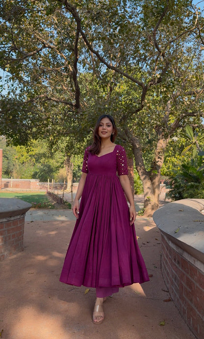 Gamthi Plum Anarkali Kurta Pant Set – Mirror Work Festive & Ethnic Wear for Women
