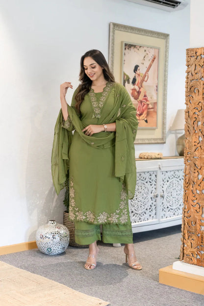 Women Green Cotton Embroidery GPO Lace Kurta Pant and Dupatta set