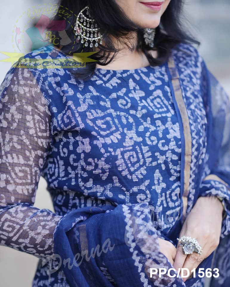 Ranjani Bagru Hand Block Kota Doria Golden Zari Border Suit Sets