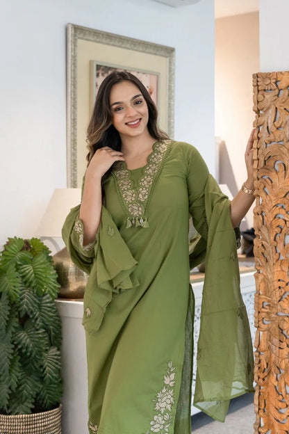 Women Green Cotton Embroidery GPO Lace Kurta Pant and Dupatta set