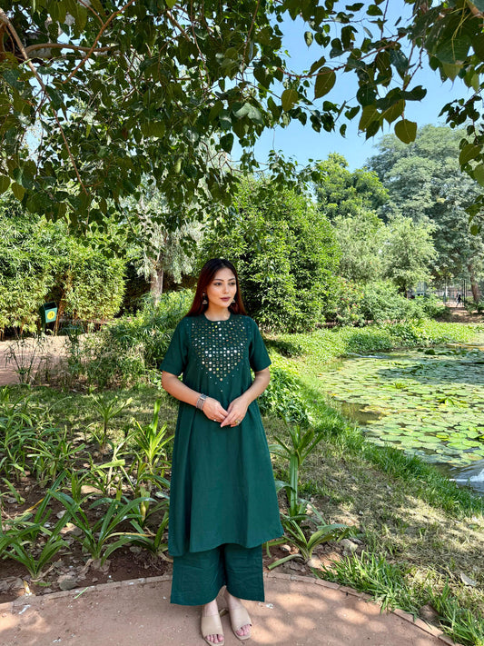 Green Mirror Work Kurta Pant Set – Festive & Ethnic Wear for Women