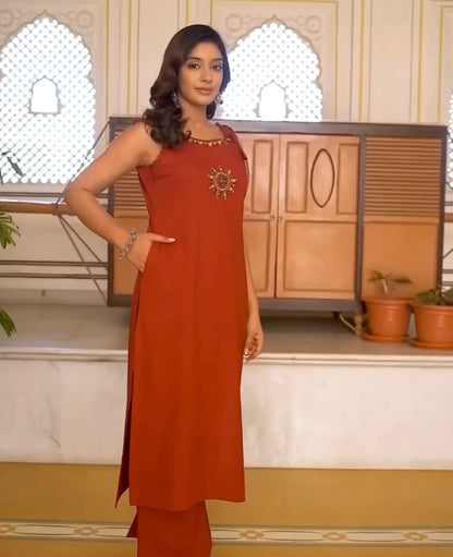 Dori Style Embroidery Work A-Line Kurti Pant Set