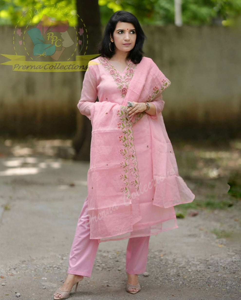 Embroidery details pink Kota Doria Suit Sets