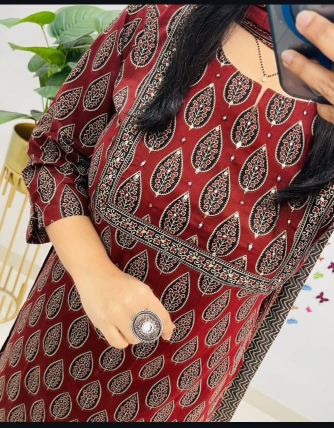 Designer Suit in Mughal/Kalamkari Fusion Azrak bagru print kurti pant dupatta set