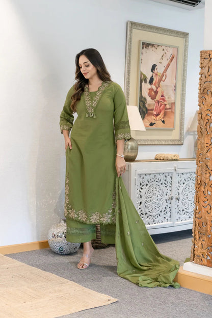 Women Green Cotton Embroidery GPO Lace Kurta Pant and Dupatta set