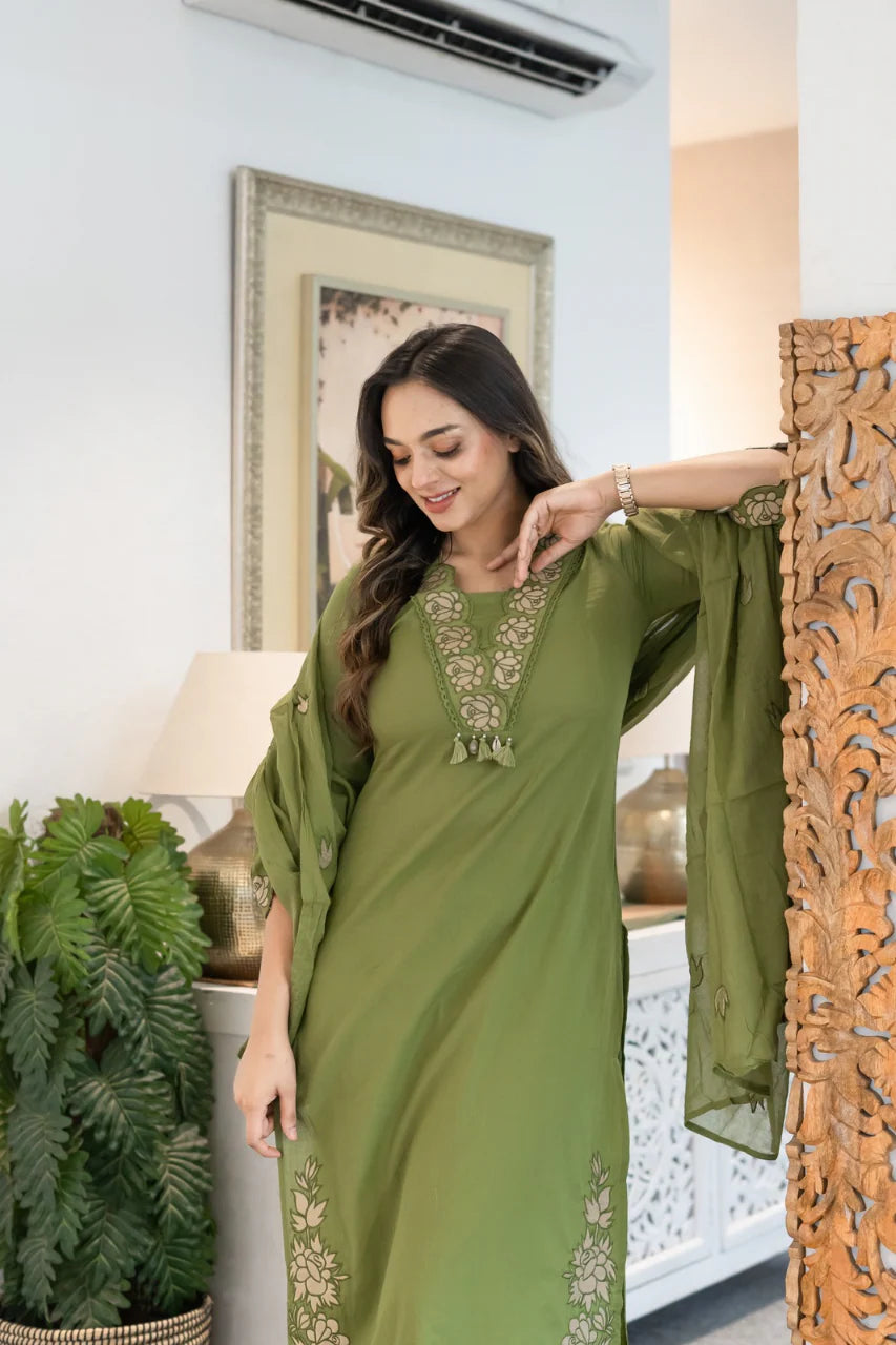 Women Green Cotton Embroidery GPO Lace Kurta Pant and Dupatta set