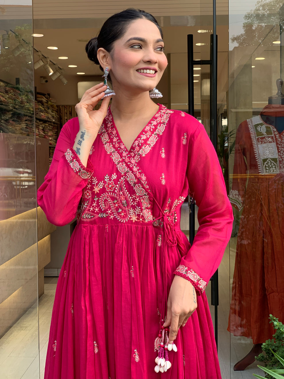 Women Pink Cotton Angrakha Kurta Pant and Dupatta set