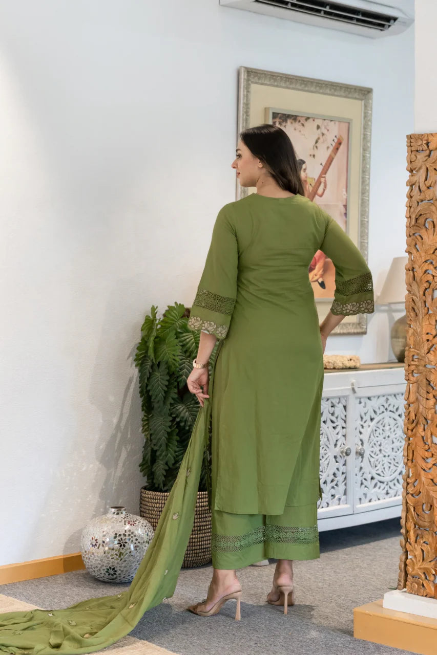 Women Green Cotton Embroidery GPO Lace Kurta Pant and Dupatta set