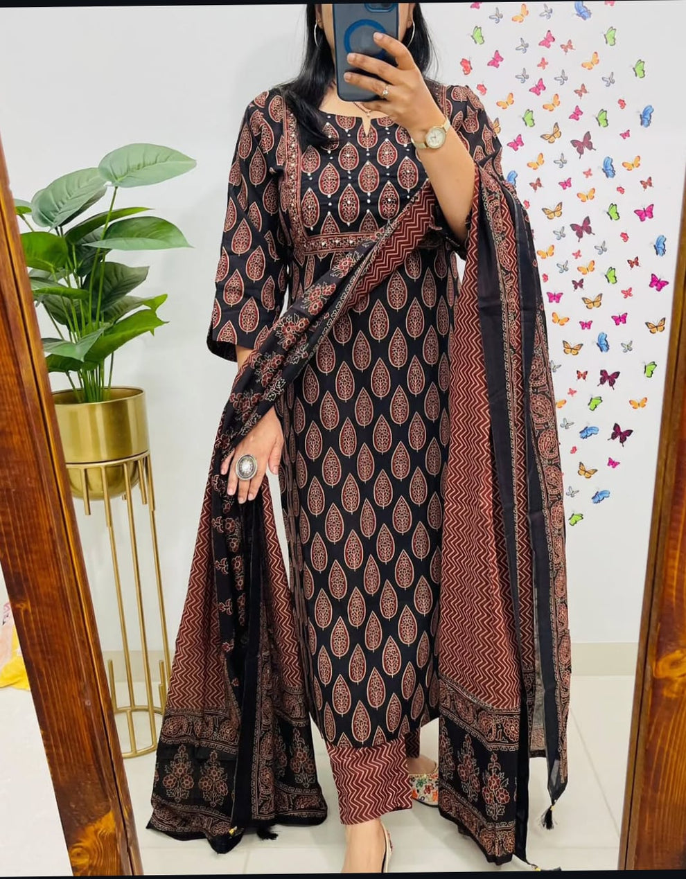 Designer Suit in Mughal/Kalamkari Fusion Azrak bagru print kurti pant dupatta set
