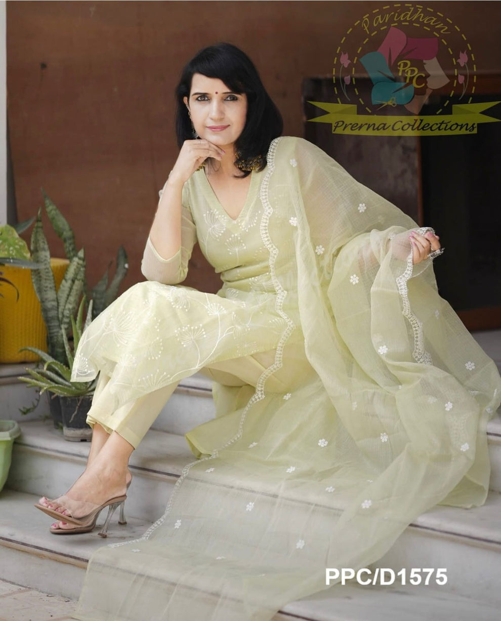 Light Lemon Green Embroidered Kota Doriya Kurta With Cotton Pant & Kota Doriya Dupatta Set