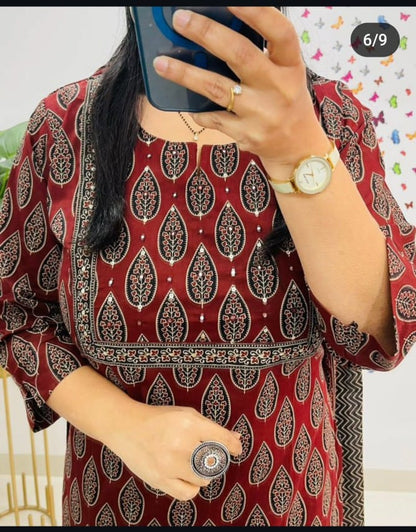 Designer Suit in Mughal/Kalamkari Fusion Azrak bagru print kurti pant dupatta set